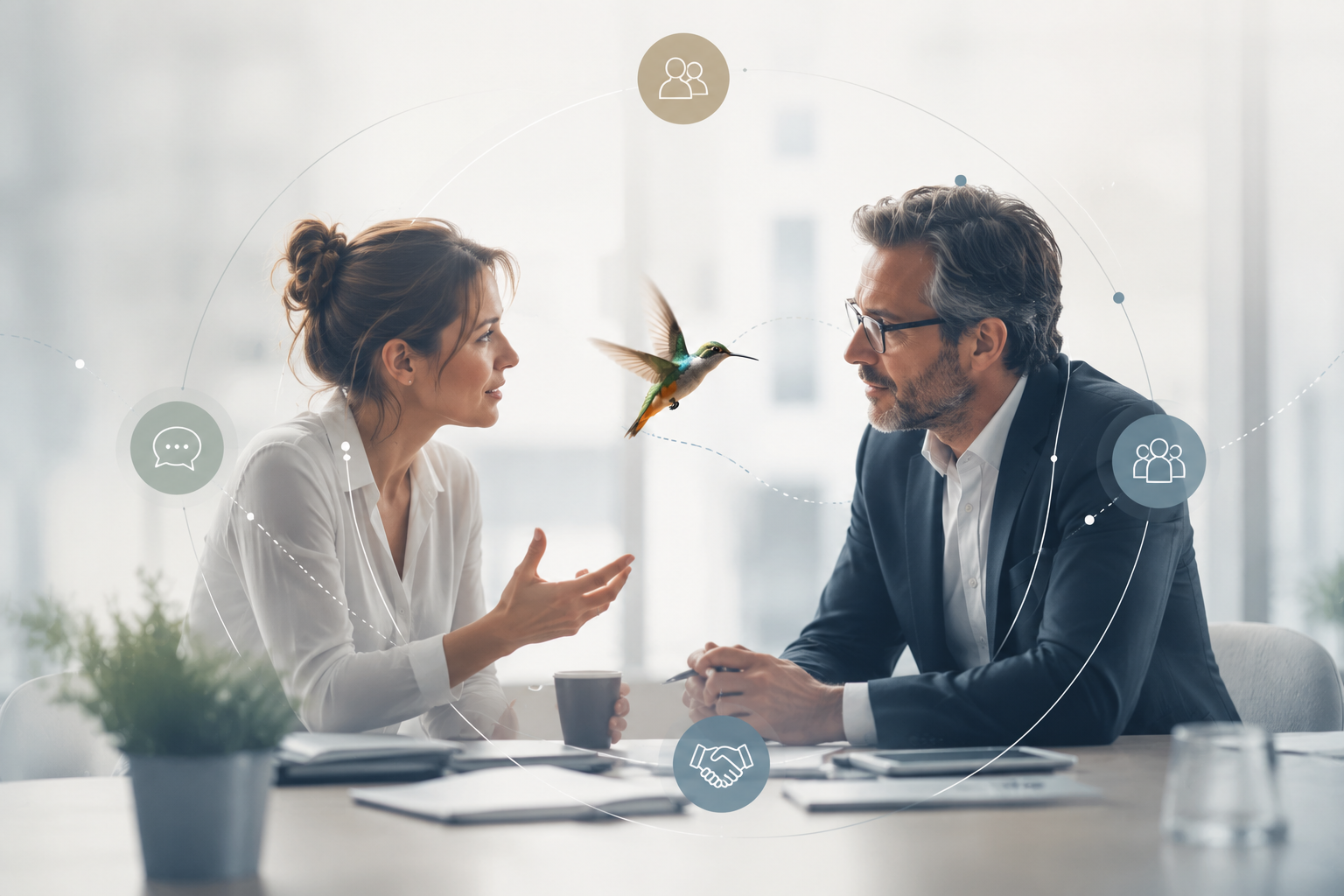 Illustration d'un contexte professionnel contemporain : silhouettes en réunion, skyline, colibri en vol au-dessus d'un réseau de connexions.